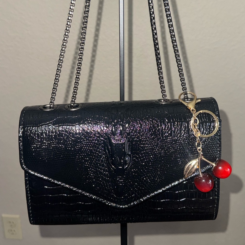 Black Serpentine-Embossed Shoulder Bag with Chain Strap